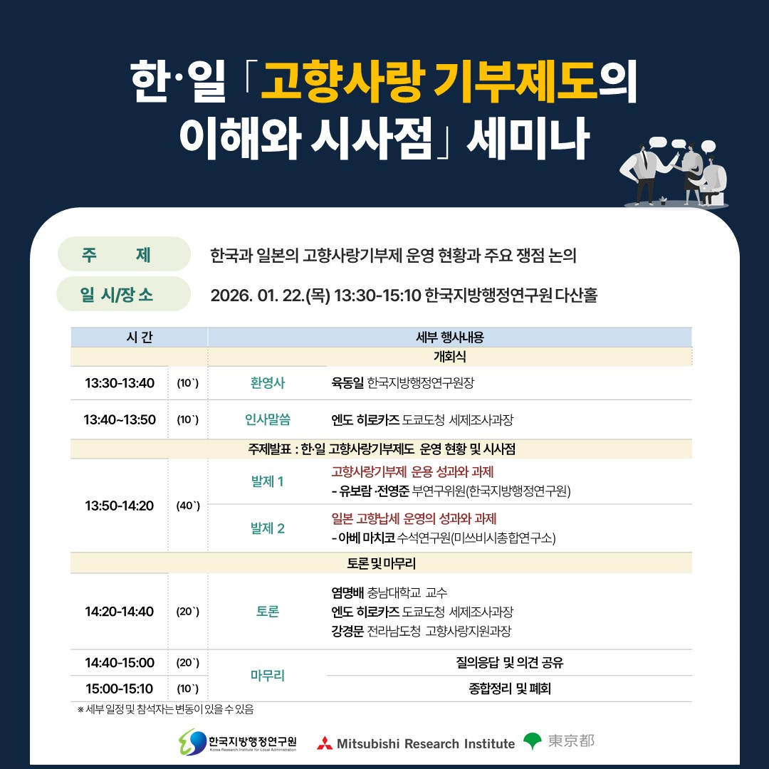 한국지방행정연구원이 1월 22일(목) 고향사랑 기부제의 발전 방향을 모색하는 ‘한·일 ‘고향사랑 기부제도의 이해와 시사점’ 세미나’를 개최한다