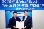 LG전자 김쌍수 부회장(우측)과 장석춘 노조위원장(좌측)이 2005년도 임단협에 최종 합의한 후 2005년도 임단협 합의서를 교환하고 있다.