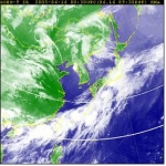 2005. 6. 16. 09:30 위성영상. 화남지방 - 대만 북부 - 오키나와 - 일본열도 남쪽 해상에 위치한 정체전선 상에서 발달한 구름 모습을 기상위성으로 관측한 영상에서 볼
