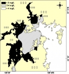 진해만 일원 저층의 빈산소 수괴 분포도 (2005년 7월 14～15일)