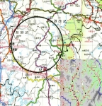 황새와 공존하게 될 생태마을 지도 미원면을 중심으로 반경 15km(원형, 청원군, 괴산군, 보은군 일부포하), 미원면(우측하단)