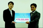 대구벼룩시장 성활제 지점장(왼쪽)이 재가노인복지협회 김홍수 회장에게 성금을 전달하고 있다. 
