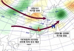 지상 위 5km 상공의 기압배치 모식도.  50N 부근의 상층 강풍대(Jet, 보라색 화살표)는 주말까지 점차 남하하여 22~23일에는 북한까지 남하 예상.  19~20일과 22~