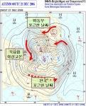 <북반구 대기 중층(5km 상공) 기류 흐름도, 12월 21일 09시>
빨강 화살표는 주요 기류 흐름 통로임. 북미와 북유럽에는 각각 남북류가 크게 우세하여, 남서풍이