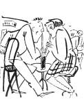 [경성의 연인] 이 그림이 실린 당시 기사는 신랄하게 연애행각을 비꼬고 있다. “아이스 컵피를 두 사람이 하나만 청해 두 남녀가 대가리를 부비대고 보리줄기로 쪽쪽 빠라먹는다.”