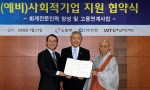 신한은행 이백순 은행장(좌측), 노동부 이영희 장관(가운데), 함께일하는재단 송월주 이사장(우측)이 사회적기업 지원 협약식에서 서명 후 기념 촬영 하는 모습.