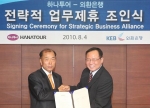 외환은행과 하나투어가 4일 을지로 본점에서 금융과 여행의 융합을 통하여 대고객 서비스를 향상시키고자 전략적 업무제휴에 관한 양해각서를 체결한 후 외환은행 윤종호 부행장(사진 왼쪽)