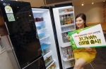LG전자 모델이 세계 최대 850리터 용량을 유지하면서 월간 소비전력은 31.7kWh로 최저인 고효율 디오스 양문형 냉장고 신제품을 소개하고 있다.