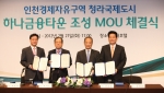(왼쪽부터)이종철 인천경제자유구역청장, 이지송 한국토지주택공사 사장, 김승유 하나금융지주 회장, 송영길 인천광역시장이MOU 체결 후 기념촬영을 하는 모습
