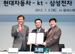 KT와 현대자동차, 삼성전자는 5일 서울시 종로구 세종로 KT 올레스퀘어에서 ‘스마트 드라이브’ 구현을 위한 공동 마케팅 및 프로모션과 관련한 업무협약을 체결했다. 삼성전자 한국총