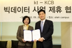 KT는 KCB와 양사가 보유하고 있는 빅데이터의 활용 확대를 위한 사업 제휴를 체결했다고 26일 밝혔다. 서초동 KT 올레캠퍼스에서 KT SI부문장 송정희 부사장(좌측)과 KCB 