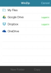iOS용 WinZip은 기존 WinZip의 장점인 강력한 압축 및 암호화 기능을 그대로 유지하면서 Dropbox와 Google Drive, OneDrive와의 직접 통합 기능과 A