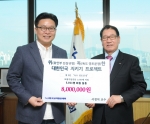 한국교직원공제회가 지난 8일, 독도 문제 해결을 위한 후원금 전달식을 가졌다. 사진은 이규택 한국교직원공제회 이사장(사진 오른쪽)이 후원금 8백만원을 독도지킴이로 활동하고 있는 서