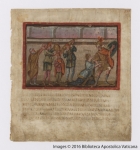 바티칸 베르길리우스의 폴리오22 우측 페이지, 크레우사가 아이네아스를 전쟁에 가지 못하도록 붙잡으려는 장면