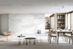 대리석 룩(Look) 디자인의 벽장재 ‘에디톤 월_벨벳쿼츠’ 제품이 적용된 거실 공간 모습