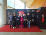 KAICON 국제 영화제 포토존. 왼쪽부터 이동환 SMIT 교수, EBS 한상호 PD, 코리아헤럴드 김영상 사장, 최신영 변호사, 고주원 엘바 대표, 임재호 덱스터 R&D 