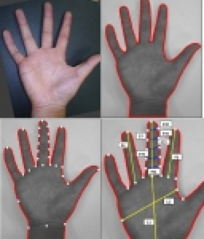손 사진(1단계) -&gt; 손 윤곽선 추출(2단계) -&gt; 손 특정점 위치 추출(3단계) -&gt; 주요데이터 추출(4단계)