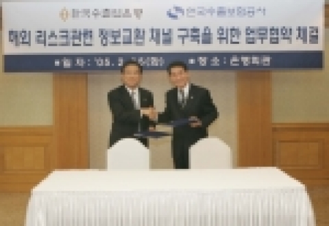 (좌로부터) 한국수출입은행 이 규 전무이사와 한국수출보험공사 박성범 부사장이 업무협약체결후 악수를 나누고 있다. 
