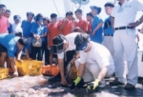 지난해 부경대 주관 여름해양학교에 참가한 고교생들이 바다 자원을 조사하기 위한 선상 투망실습에 참가하고 있는 모습.
