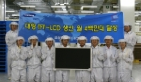 대형 TFT-LCD에서 8월 415만개를 생산하여 업계 최고기록을 수립한 삼성전자 LCD총괄 임직원들이 화이팅하고 있는 모습