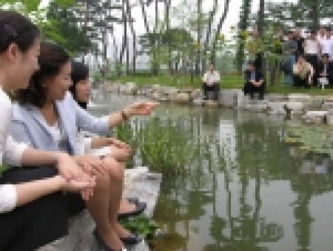 삼성전자 수원사업장 내 정보통신연구소 부근에 100여평 규모로 조성된 생태공원에 생태연못과 산책로, 재활용 목재 등을 활용한 벤치 등 친환경 휴게시설 등을 마련했다.