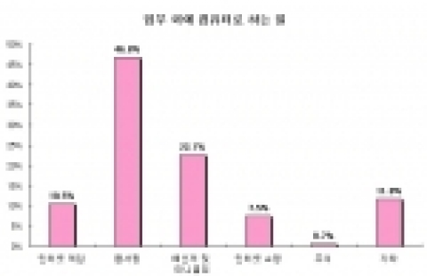근무시간에 업무 외에 컴퓨터를 이용해 주로 하는 일은 46.8%가 ‘웹서핑’을 꼽았고 그 다음으로는 ‘메신저나 미니 홈피 방문’ 22.7%, ‘기타’ 11.8%, ‘인터넷 게임’ 10.5%, ‘인터넷 쇼핑’ 7.5% 순으로 나타났다.