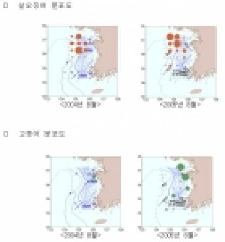 살오징어, 고등어 분포도