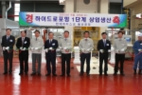 현대하이스코 김원갑 부회장(왼쪽 다섯번째), 신성재 사장(왼쪽 여섯번째) 및 고객사 대표 등 관계자들이 설비가동에 앞서 테잎커팅을 하고 있다.