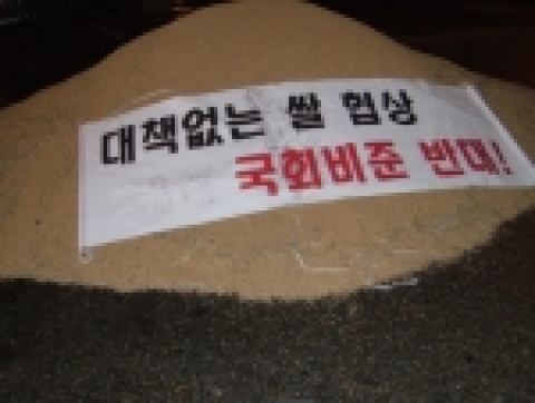 한농연 회원들이 11월 21일(월) 오전 5시 과천정부청사 서쪽 출입문 앞에 벼 나락을 야적해 놓은 모습