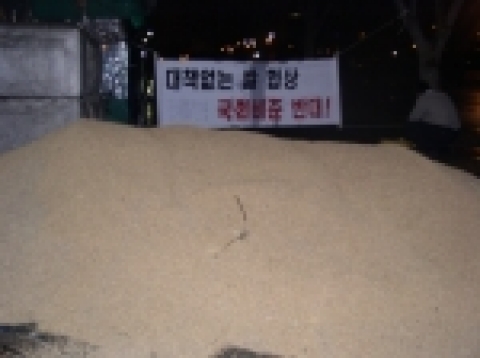 한농연 회원들이 11월 21일(월) 오전 5시 여의도 문화마당 국회쪽 출입구 앞에 벼 나락을 야적해 놓은 모습. 취재 기자들에 의하면 야적되어 있던 오전 7시경 벼 나락을 누군가가