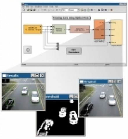 "Video and Image Processing Blockset을 통해 생성된 추적 차량 모델은 옵티컬 플로우 산출 기법을 사용하여 비디오 시퀀스의 각 프레임에서 동작 벡터를 산출해낸다. 한편, 결과 창의 왼쪽 상단코너에 있는 수치를 통해 관심 영역에 속한 차량의 수를 추적할 수가 있다"