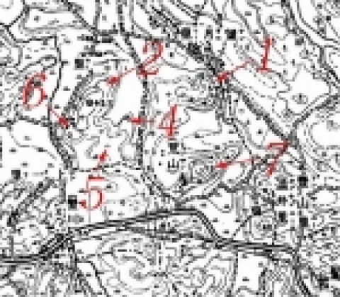 도면 3. 1919년도 당시 지형도 (확대) -등고선에서 낮은 자연구릉이 연결되어 있음을 알 수 있다.