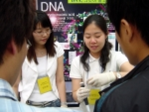 DNA-DAY 행사에서 영남대 생명공학부 학생들이 라일락잎에서 DNA추출 실험을 하고 있다.