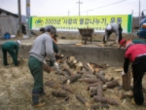 원목을 땔감으로 만드는 모습