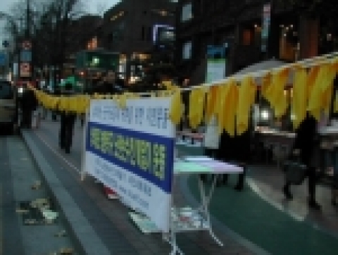 2005. 12.2~ 12.4 대학로 마로니에공원옆 인도에서 납북자와 국군포로 송환을 촉구하는 노란손수건 매달기 캠페인을 전개한 노란손수건 매달기 시민네트와 자유청년연대(대표 최용호)