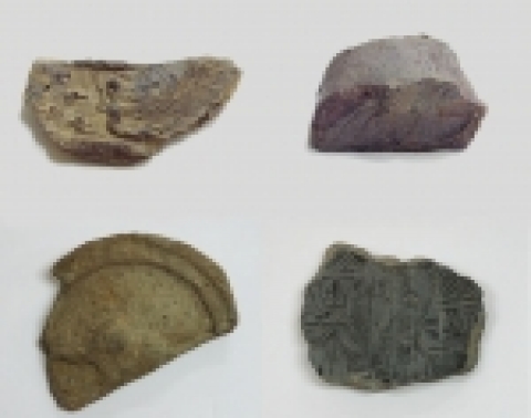 박정호 씨 기증유물 : 비천문평와당편, 이형 귀면와편, ‘東’명 평와편, 사자문평와당편(왼쪽상단부터 시계방향)