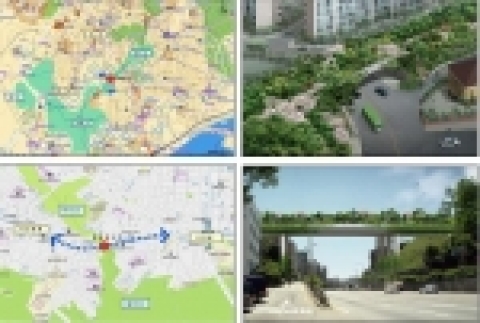 매봉산~금호산 생태통로(폭 15m, 길이 32m, 높이 7.4m) 위치도, 조감도와 관악산~까치산 생태통로(폭 15m, 길이 80.2m, 높이 17.3m) 위치도,조감도