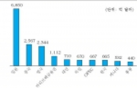 해외 주체별 미국채 보유액-주 : 2005년말 기준. 카리브해 금융권은 바하마, 버뮤다, 케이만군도, 파나마 등 조세회피지역 포함. 자료 : Department of the Tre