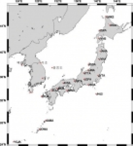 한국 기상청(5개소)과 일본 기상청(22개소)의 지진관측소 분포