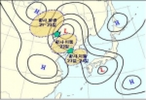 지상일기도(4월23일15시)와 황사발생 예상도