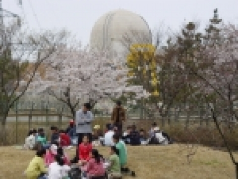영광원자력본부를 학생들이 소풍으로 방문하여 홍보전시관 주변 잔디밭에 모여 이야기꽃을 피우고 있다.