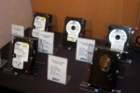 WD의 기업용 하드 드라이브인 WD 캐비어 RE2 500GB, 400GB, 250GB, 160GB 및 WD 랩터150GB, WD 랩터X를 전시하고 있다.