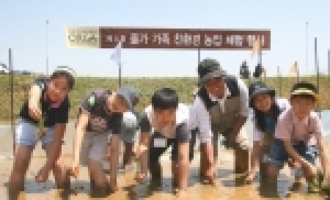 어린이들이 '올가 친환경 모내기 체험행사'에 참여하며 즐거운 시간을 보내고 있다.
