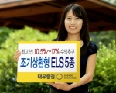 대우증권(사장 손복조)은 27일(목)부터 28일(금)까지 최고 연 10.5~17.0%의 고수익을 추구하는 ‘조기상환형 ELS 5종’을 판매한다.