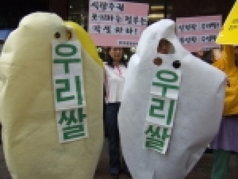 한국생협연합회 소비자들이 우리쌀을 상징하는 캐릭터를 만들어 입고 수입쌀 시판 반대를 하고 있다.