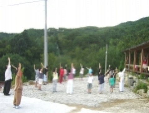 29일 아침 녹색대학 전통무예반(이봉준)과 함께 건강학교 청소년 참가자들이 수벽치기 운동을 하고 있다.