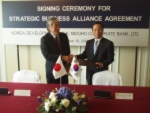 산은-미즈호은행 간 업무협약 체결식 사진.
좌측 : 미즈호코포릿은행의 Mr. Hiroshi Saito행장 
우측 : 산업은행의 김창록 총재 
장소 : 싱가폴 샹그리라호텔 
