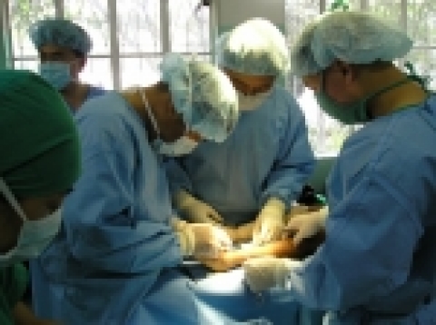 전남대병원 해외의료봉사단 정성택 교수가 방글라데시서 선천성 만곡족 환자를 수술하고 있는 모습