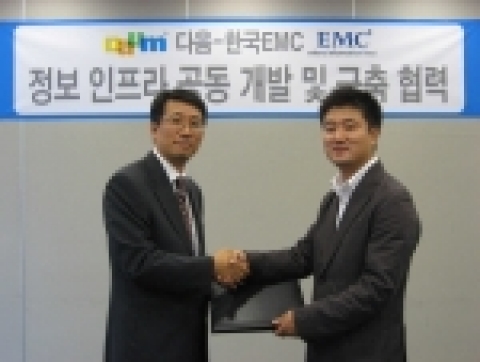 (악수하는 사진) 한국EMC 김만형 통신영업본부 상무(사진 왼쪽)와 다음커뮤니케이션 이준호 인프라본부 본부장이 정보 인프라스트럭처 공동 개발 및 구축에 협력하는 양해각서(MOU)를