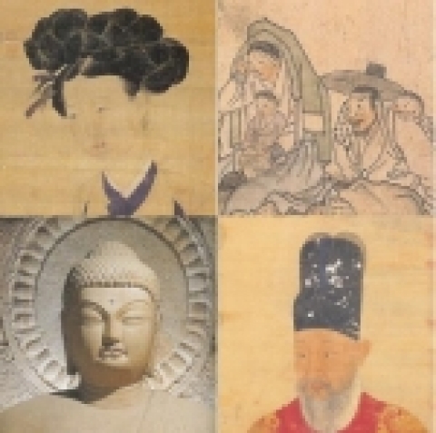 시계방향으로, 신윤복 미인도(간송미술관 소장), 김홍도 노중상봉(중앙박물관 소장), 영조어진(고궁박물관 소장), 석굴암 본존불